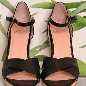 J. Crew Black Leather Cross-Front Ankle-Strap Espadrille Sandals